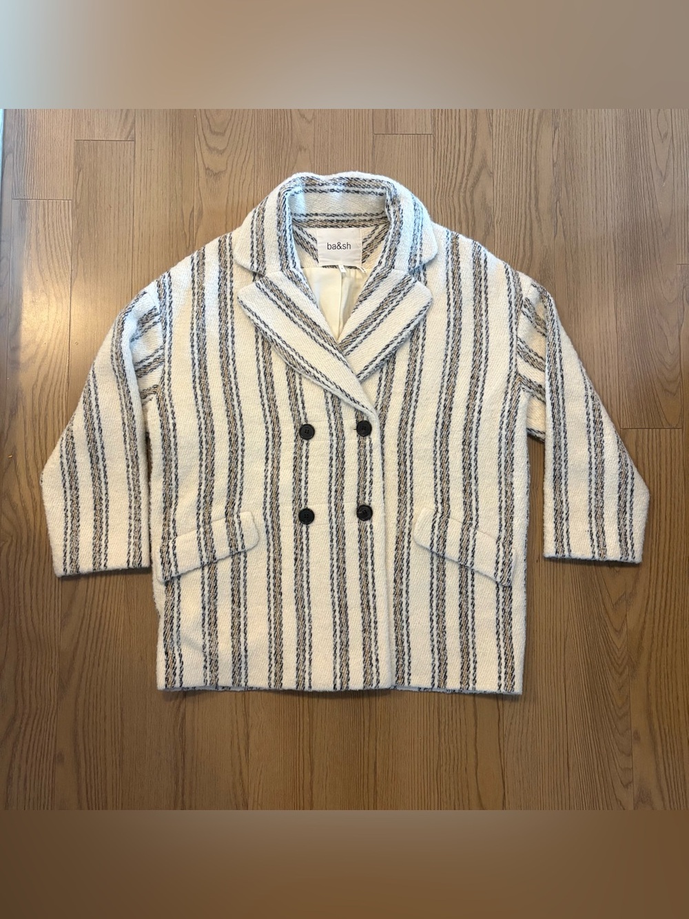 Ba&sh Cream & Black Striped Double-Breasted Coat